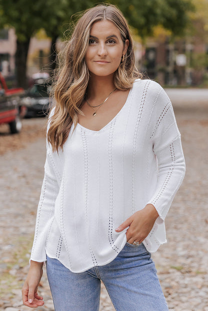 Openwork V-Neck Long Sleeve Knit Top-Angel Casuals