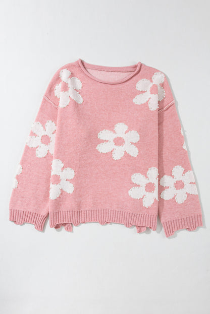 Pearl Trim Flower Round Neck Sweater-Angel Casuals