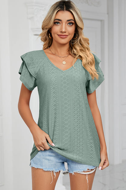 Eyelet V-Neck Short Sleeve T-Shirt-Angel Casuals
