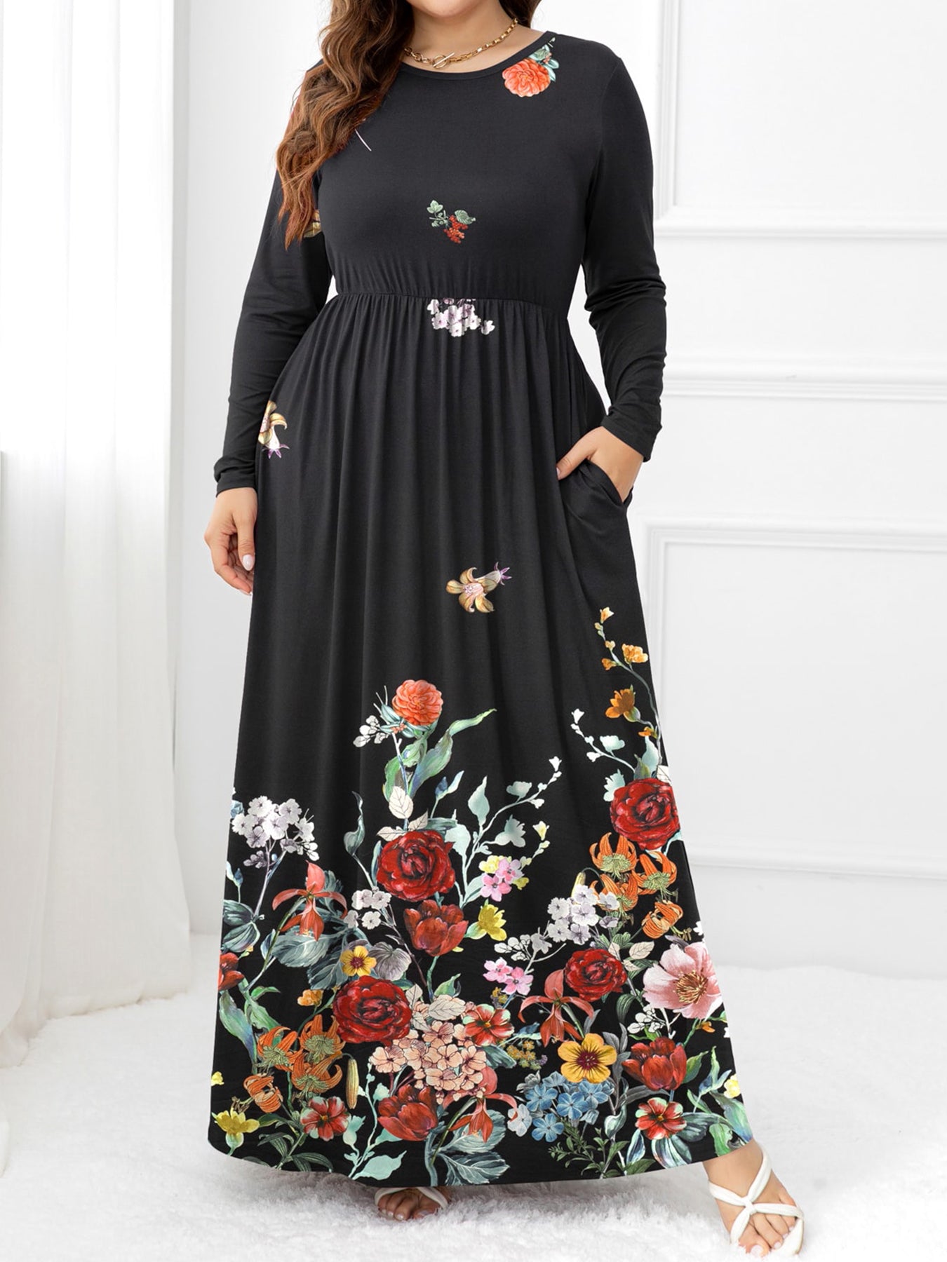 Plus Size Round Neck Maxi Dress with Pockets-Angel Casuals