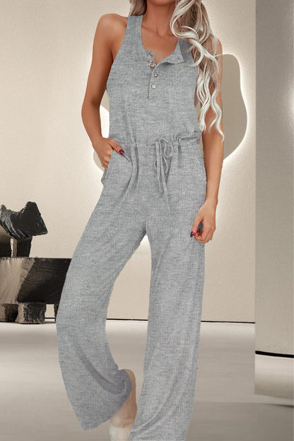 Drawstring Quarter Button Wide Strap Jumpsuit-Angel Casuals