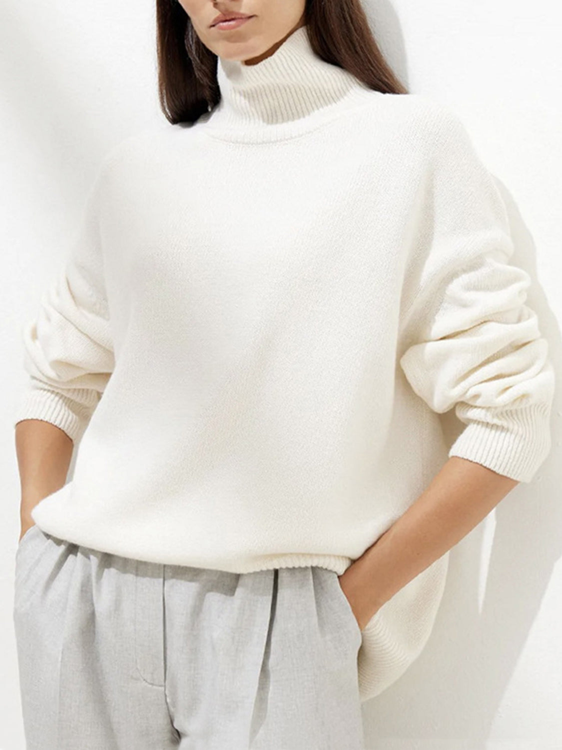 Ribbed Detail Turtleneck Dropped Shoulder Sweater-Angel Casuals