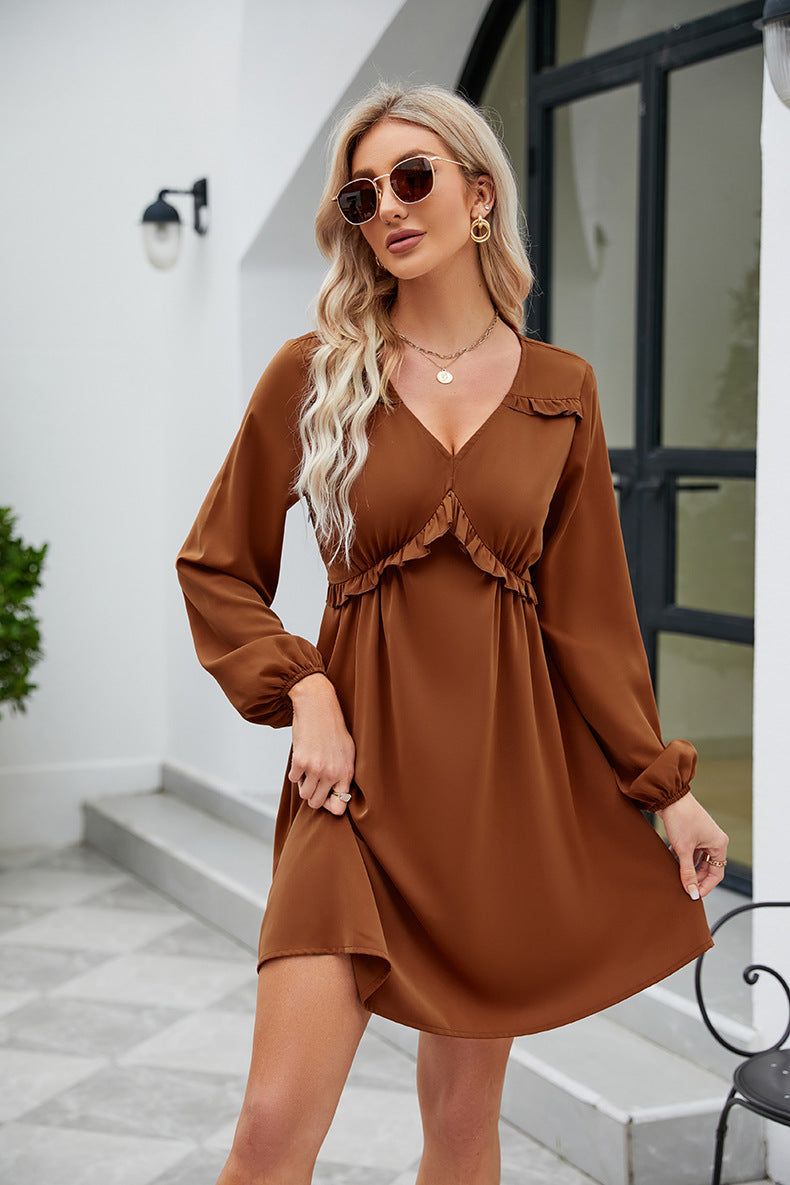 Frill Trim V-Neck Long Sleeve Dress-Angel Casuals