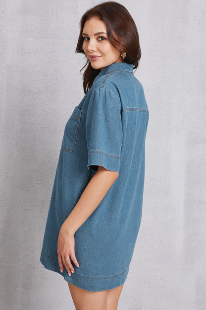 Pocketed Collared Neck Mini Denim Dress-Angel Casuals