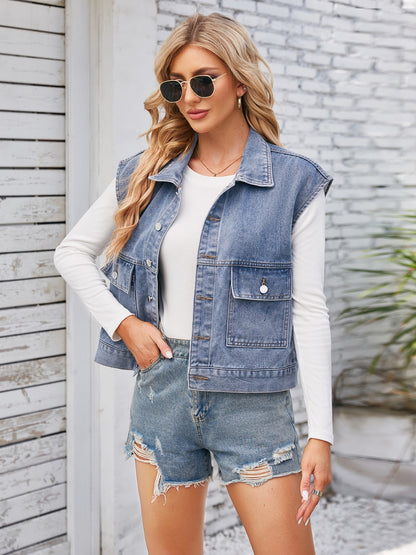 Cap Sleeve Denim Jacket with Pockets-Angel Casuals