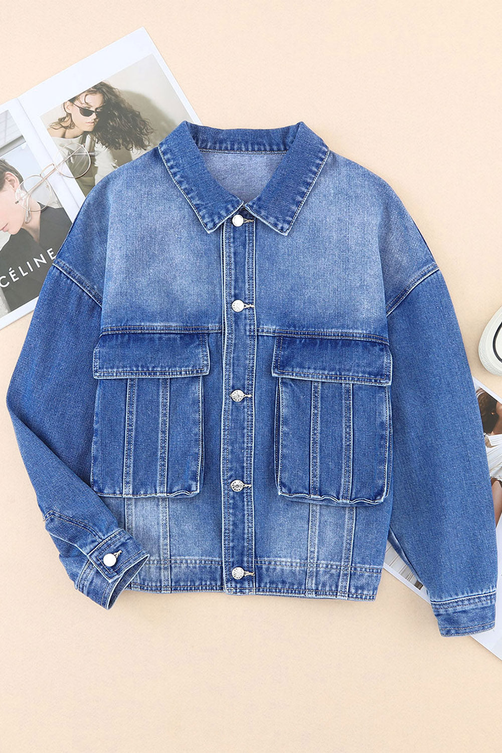 Collared Neck Button Up Denim Jacket-Angel Casuals