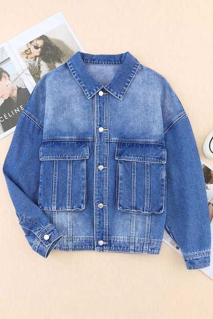 Collared Neck Button Up Denim Jacket-Angel Casuals