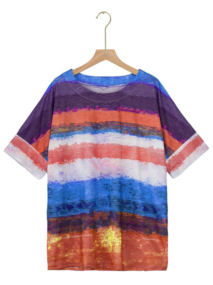 Full Size Color Block Round Neck Half Sleeve T-Shirt-Angel Casuals