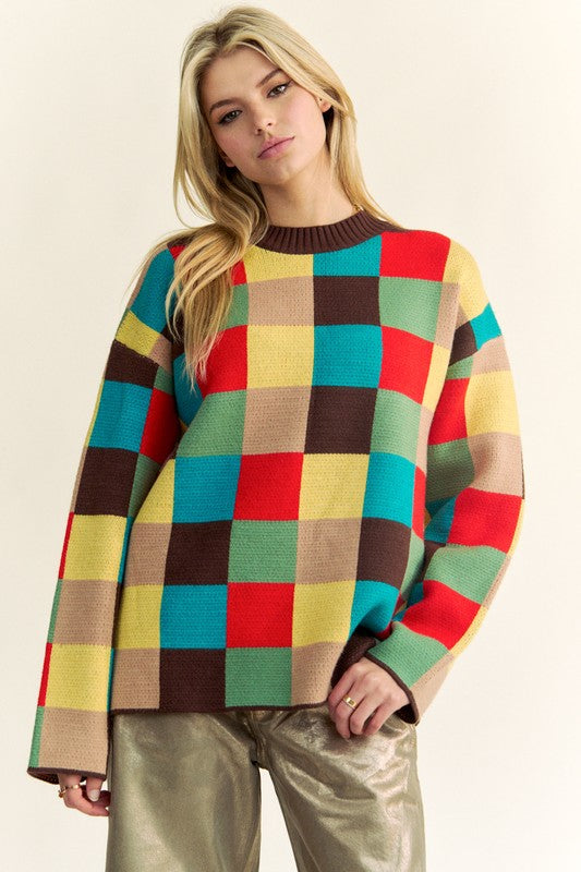 Davi & Dani Color Block Checkered Dropped Shoulder Sweater-Angel Casuals