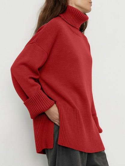 Side Slit Turtleneck Drop Shoulder Sweater-Angel Casuals