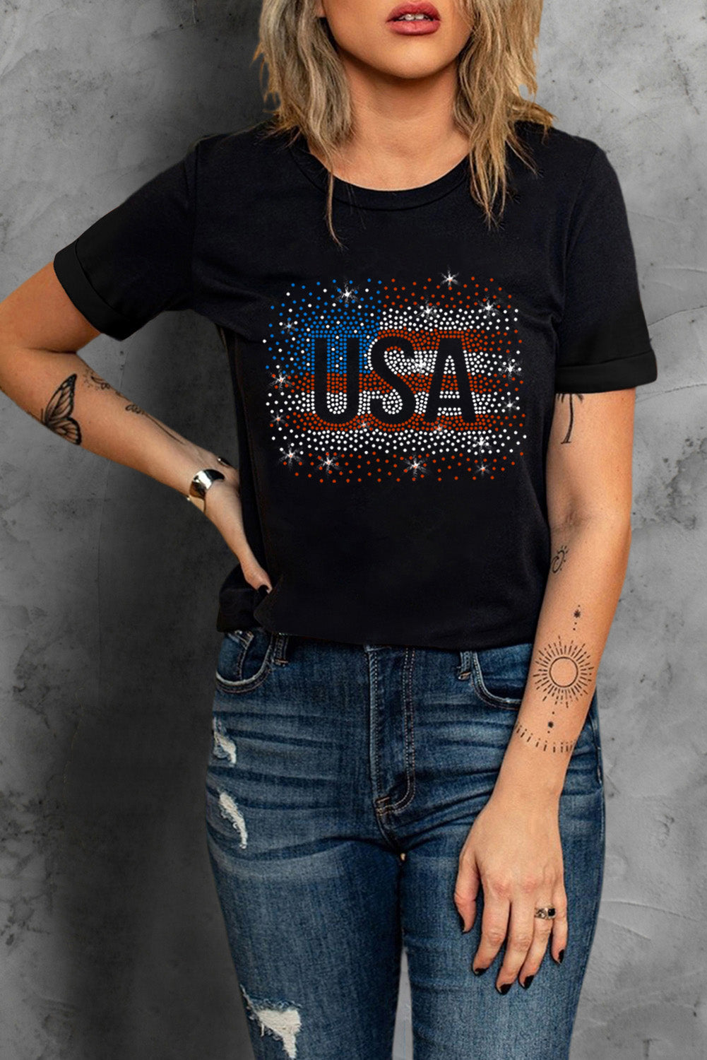 USA Rhinestone Round Neck Short Sleeve T-Shirt-Angel Casuals