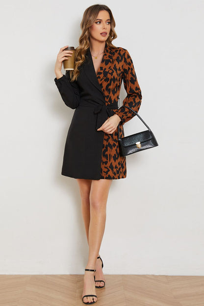 Leopard Color Block Belted Shawl Collar Dress-Angel Casuals