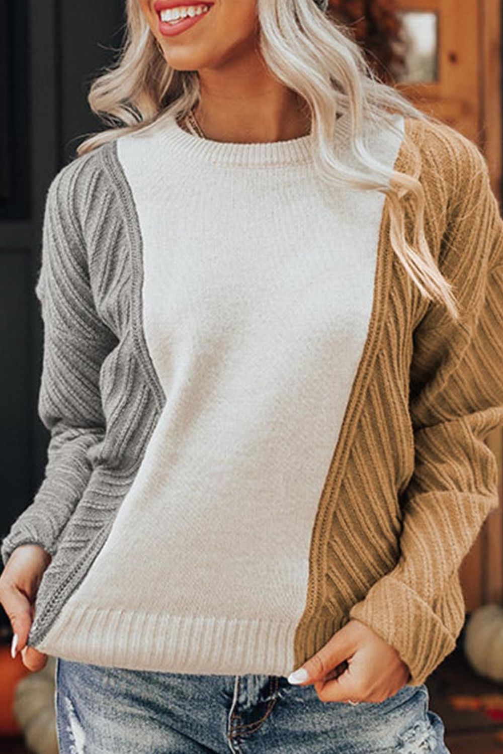 Color Block Textured Drop Shoulder Sweater-Angel Casuals