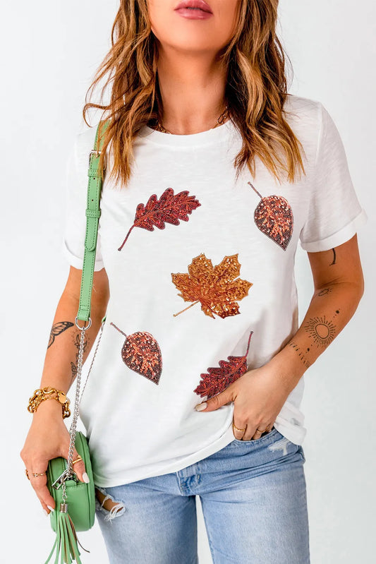 Maple Leaf Round Neck Short Sleeve T-Shirt-Angel Casuals