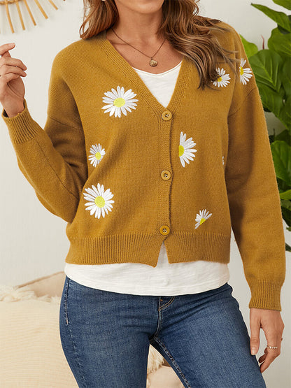 Flower Button Front Dropped Shoulder Cardigan-Angel Casuals