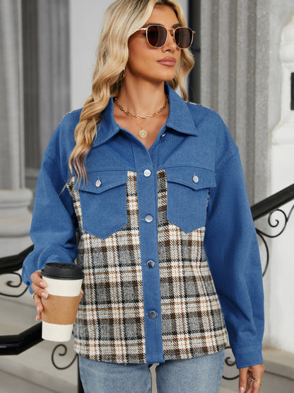 Plaid Button Up Long Sleeve Denim Jacket-Angel Casuals