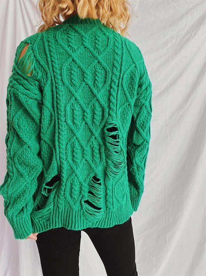Distressed Cable-Knit Round Neck Long Sleeve Sweater-Angel Casuals