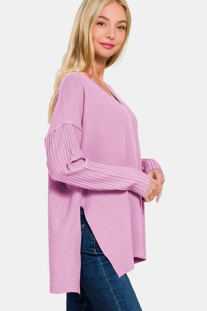 Zenana V-Neck Side Slit High-Low Sweater-Angel Casuals