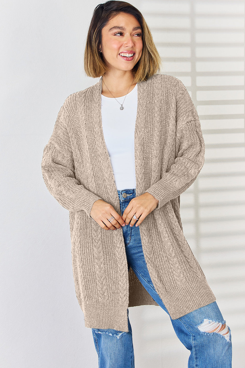Cable-Knit Open Front Dropped Shoulder Cardigan-Angel Casuals