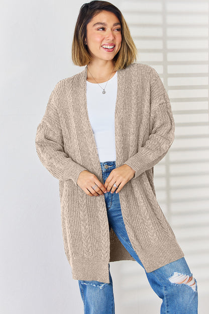 Cable-Knit Open Front Dropped Shoulder Cardigan-Angel Casuals