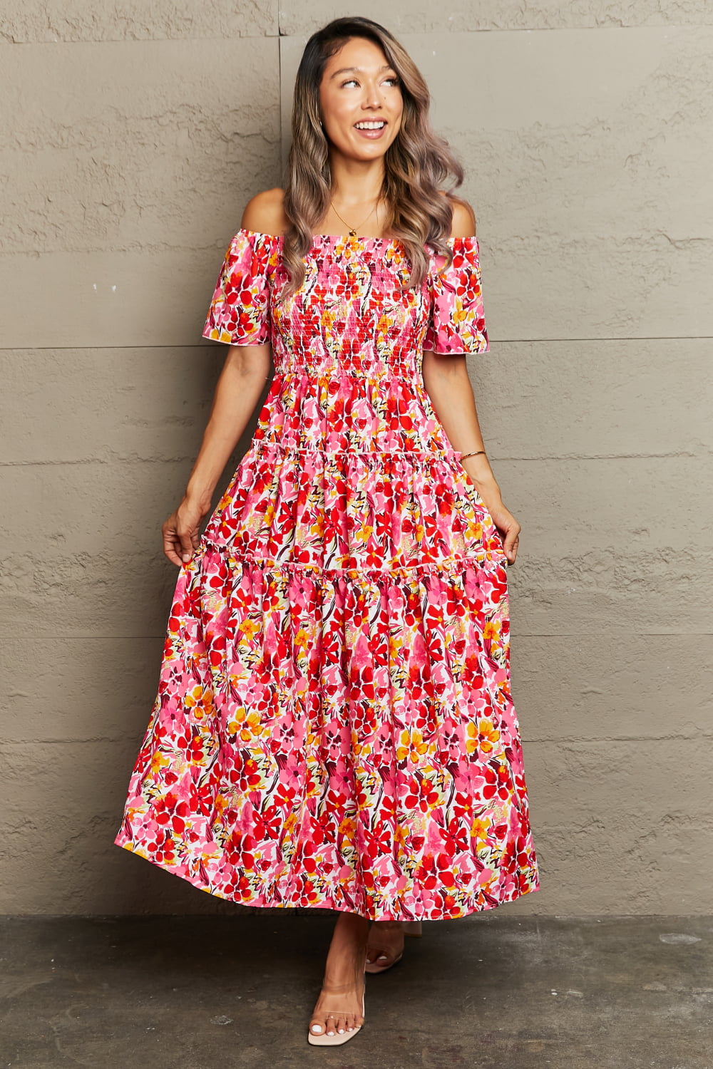 Floral Off-Shoulder Frill Trim Maxi Dress-Angel Casuals