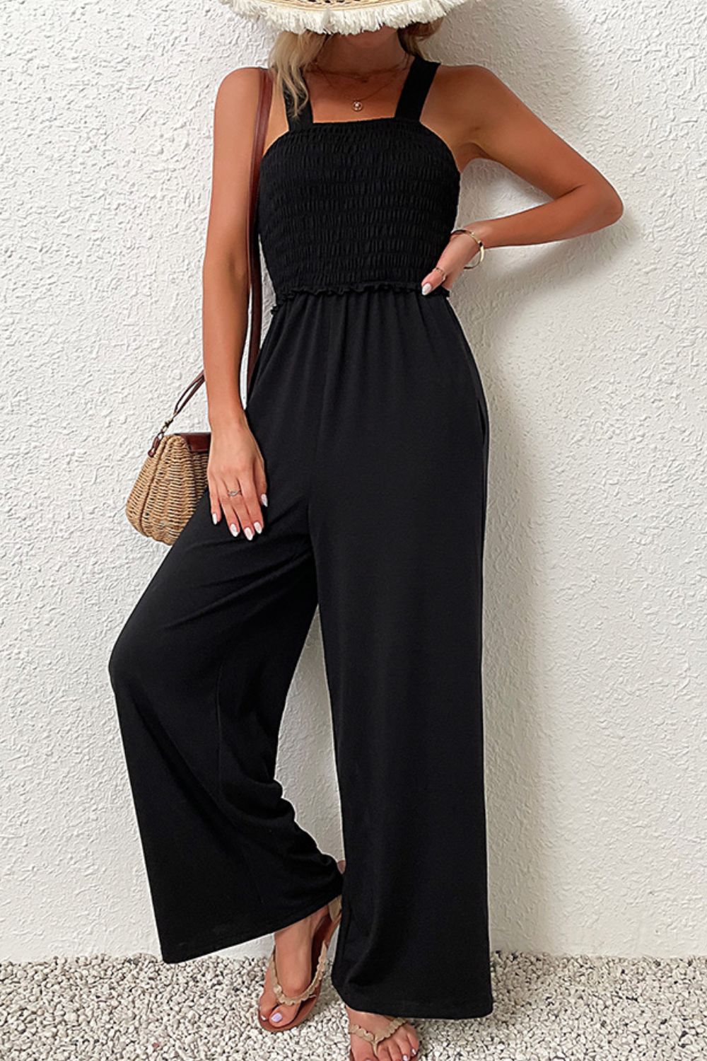 Smocked Sleeveless Wide Leg Jumpsuit with Pockets-Angel Casuals