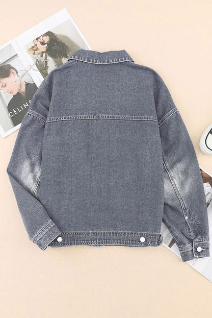 Collared Neck Button Up Denim Jacket-Angel Casuals