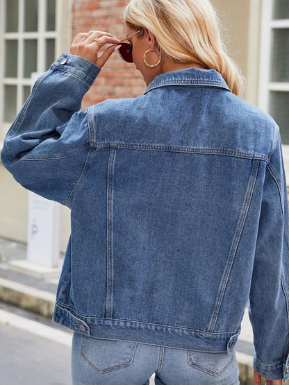 Pocketed Collared Neck Denim Jacket-Angel Casuals