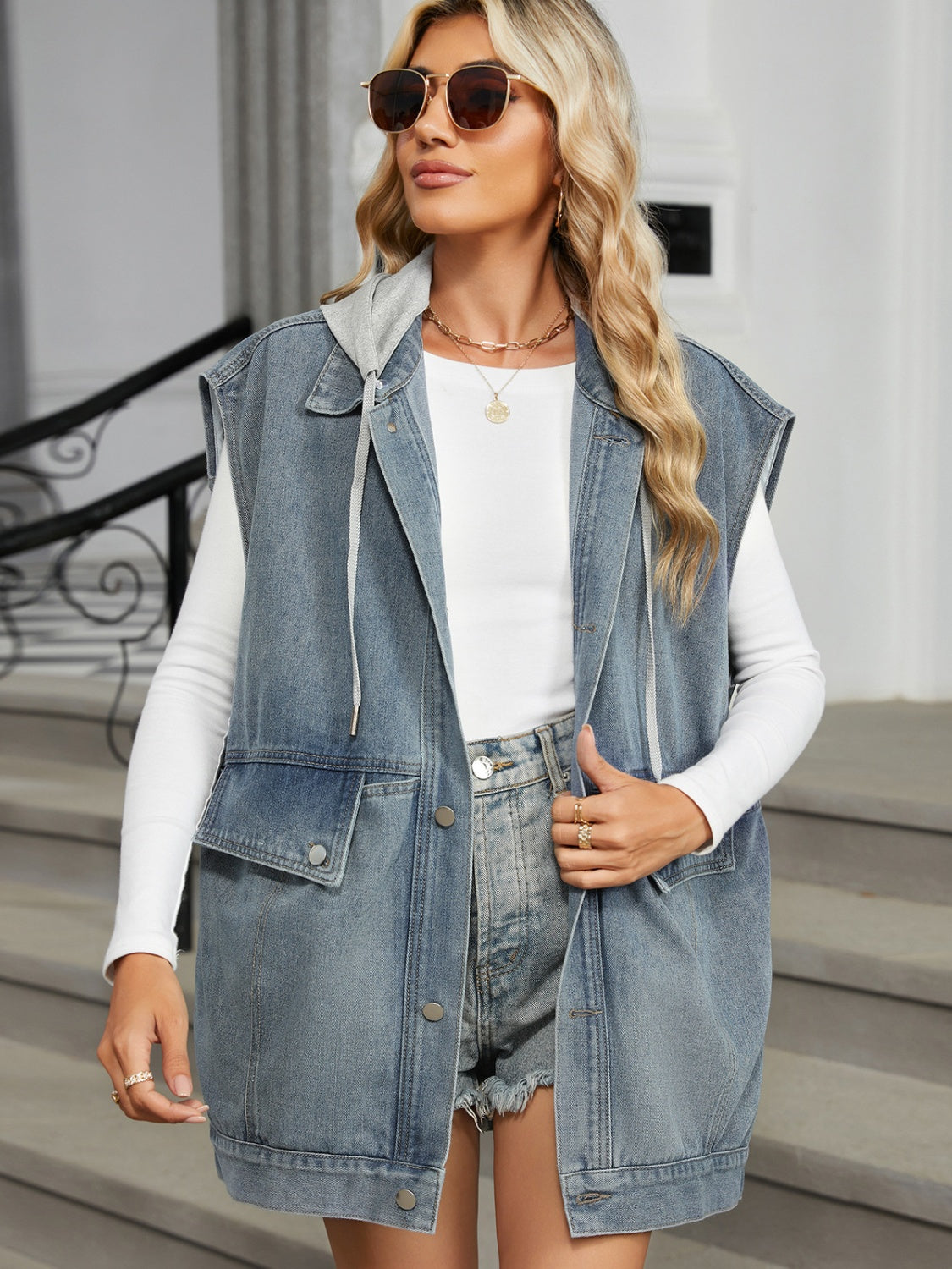 Removable Hood Button Up Cap Sleeve Denim Jacket-Angel Casuals