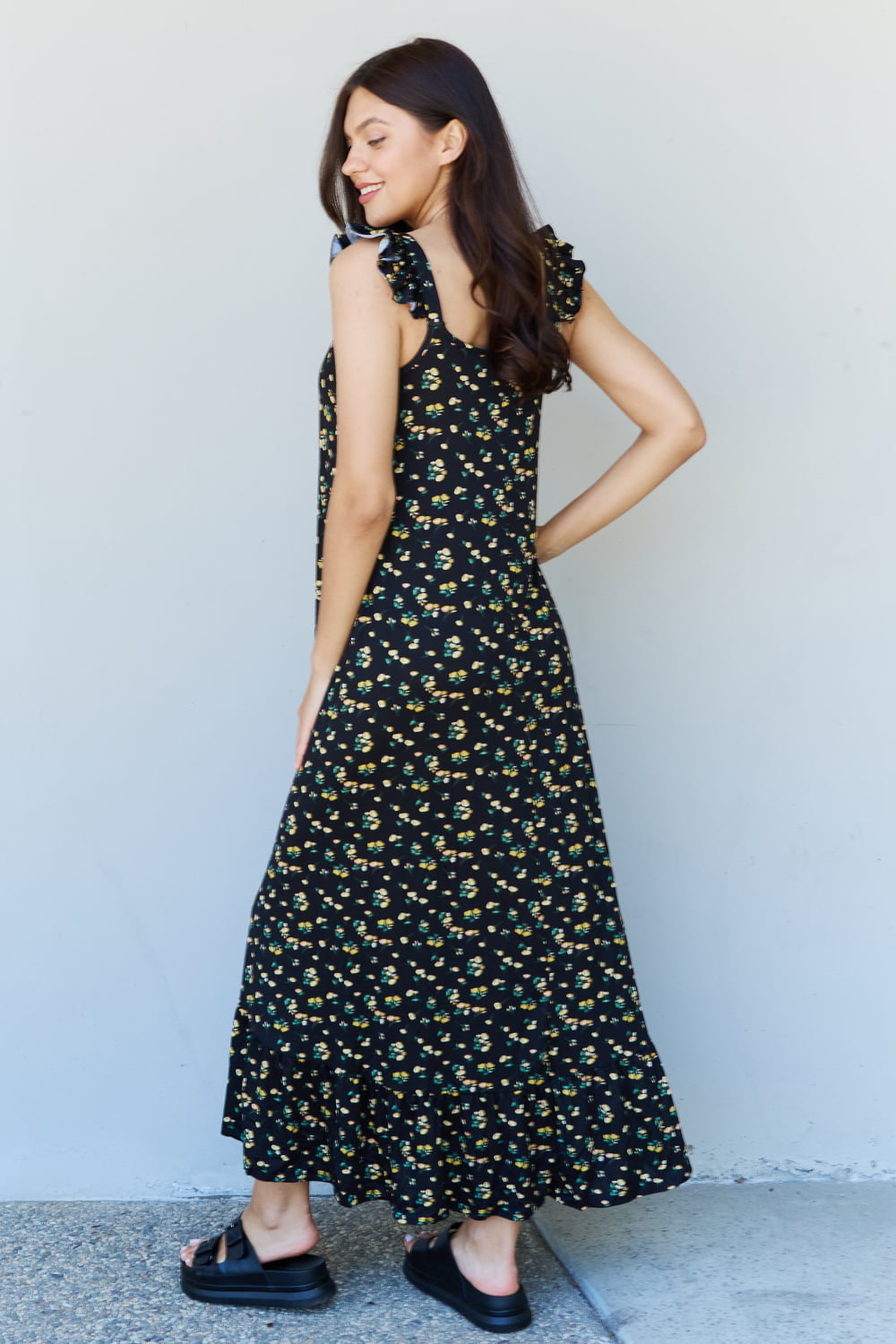 Doublju In The Garden Ruffle Floral Maxi Dress in Black Yellow Floral-Angel Casuals