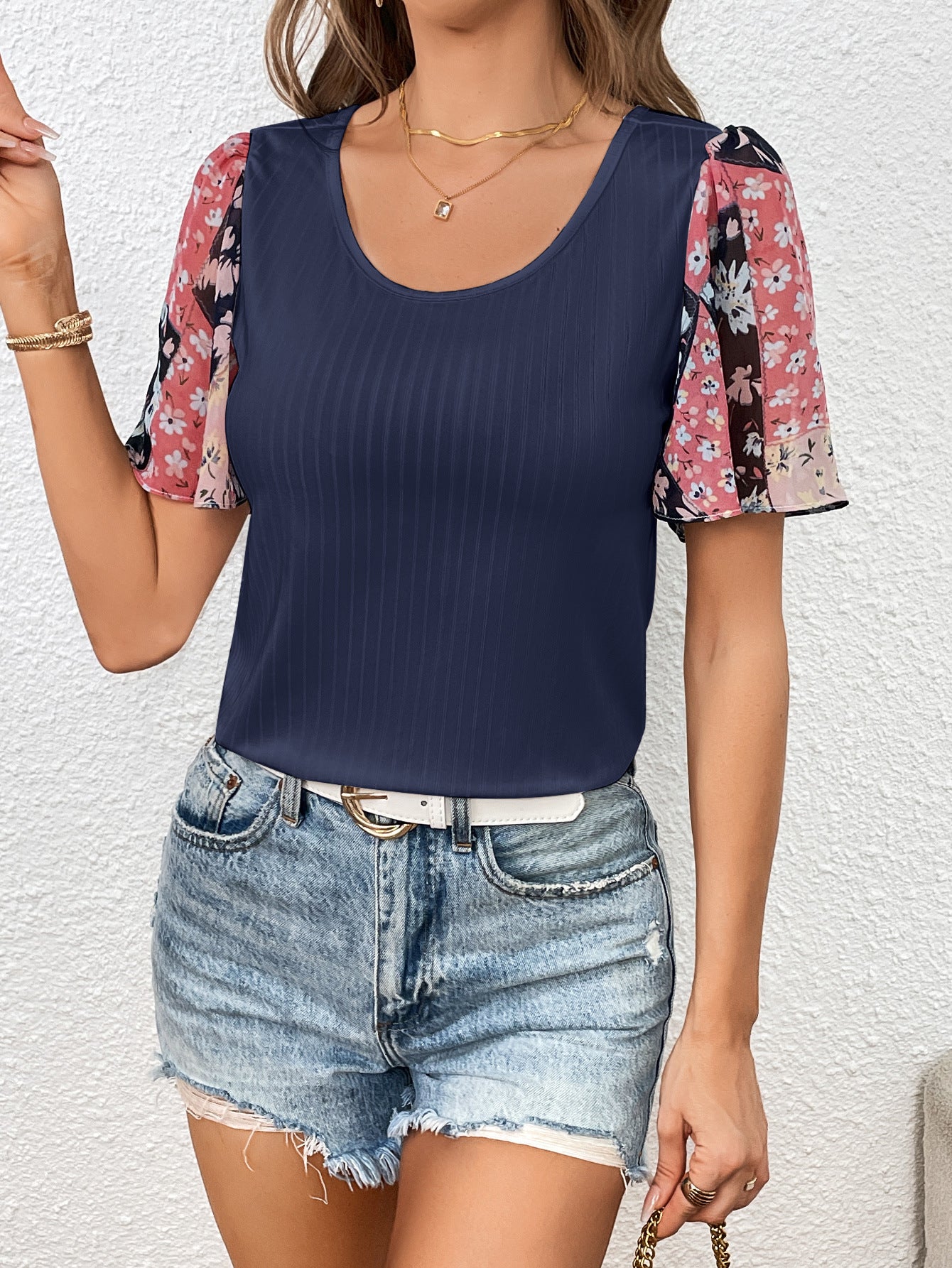 Printed Puff Sleeve Round Neck Tee-Angel Casuals