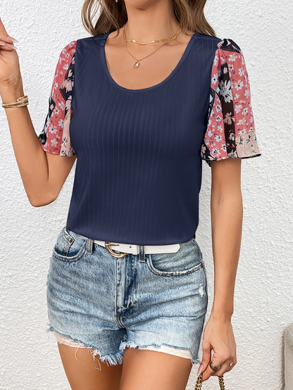 Printed Puff Sleeve Round Neck Tee-Angel Casuals