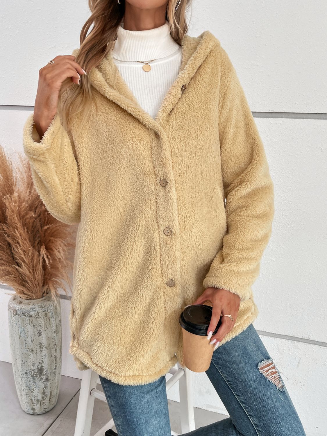 Fuzzy Button Up Hooded Jacket-Angel Casuals