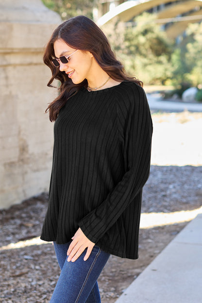 Basic Bae Full Size Ribbed Round Neck Long Sleeve Knit Top-Angel Casuals