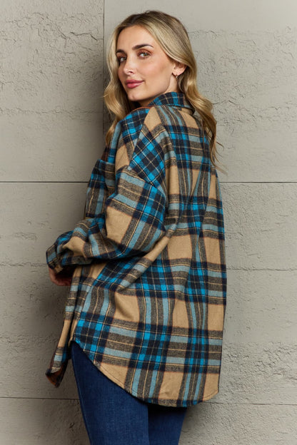 Double Take Plaid Curved Hem Shirt Jacket with Breast Pockets-Angel Casuals