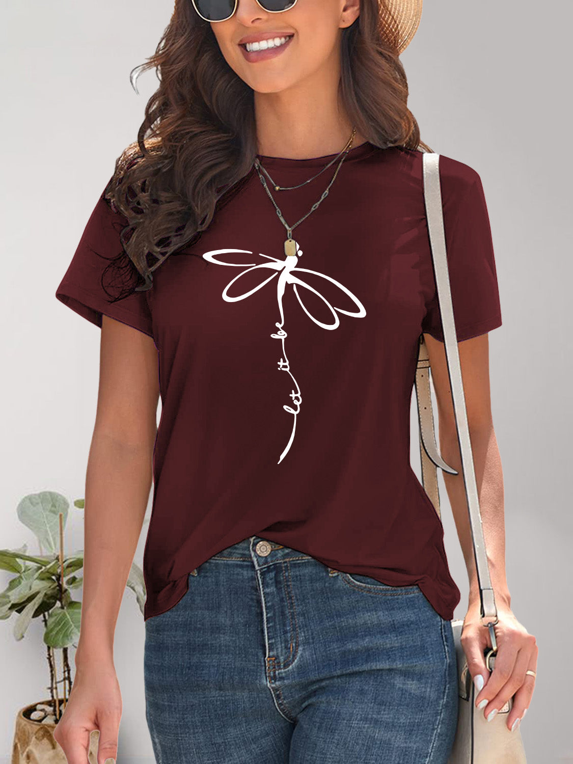 Dragonfly Graphic Round Neck Short Sleeve T-Shirt-Angel Casuals