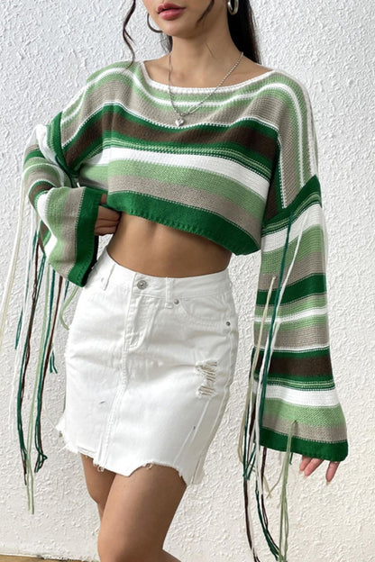 Fringe Striped Round Neck Knit Top-Angel Casuals