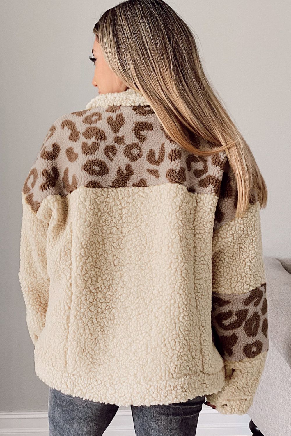 Pocketed Leopard Collared Neck Sherpa Jacket-Angel Casuals