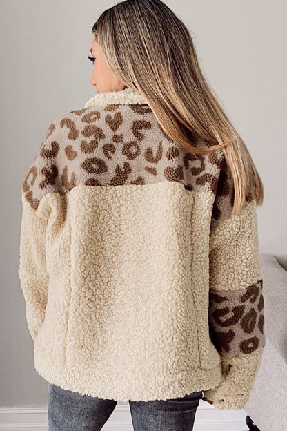 Pocketed Leopard Collared Neck Sherpa Jacket-Angel Casuals