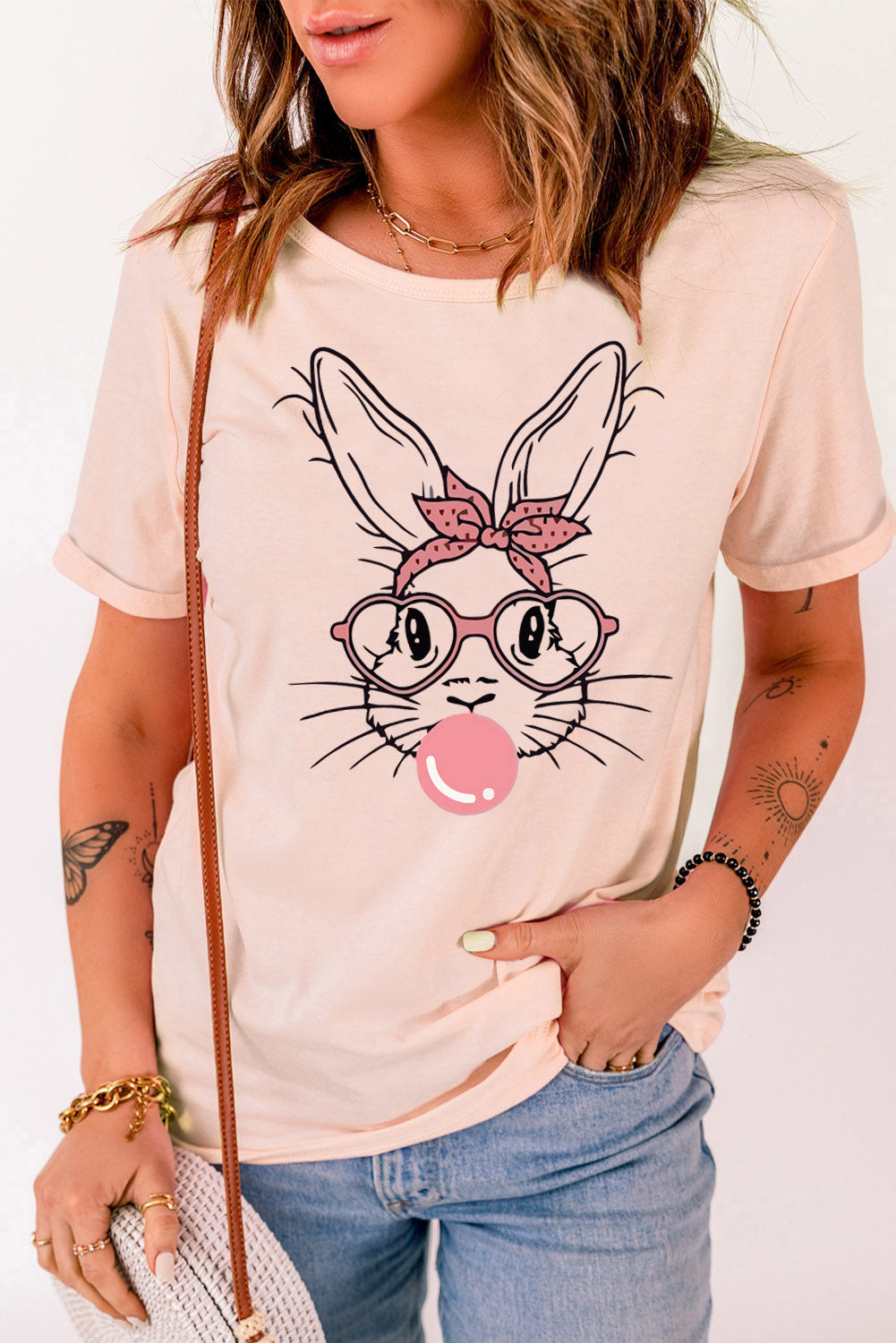 Rabbit Graphic Round Neck Short Sleeve T-Shirt-Angel Casuals