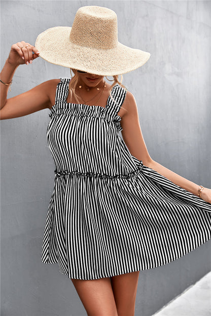 Striped Frill Trim Square Neck Dress-Angel Casuals