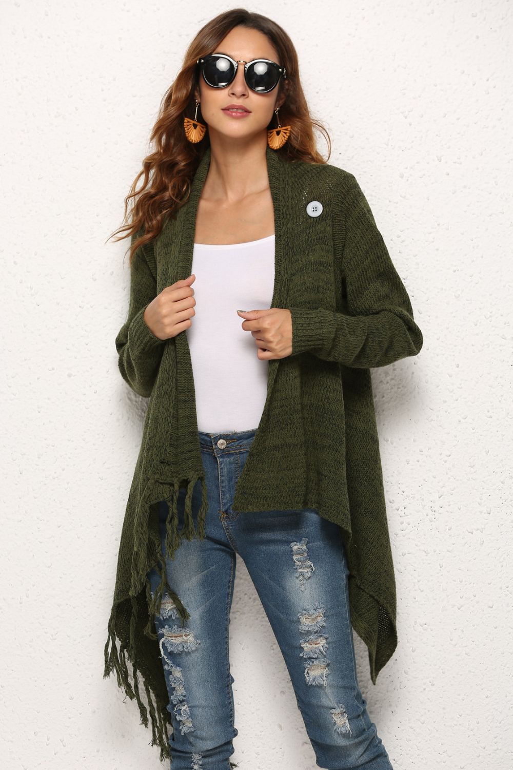 One-Button Tassel Tie Asymmetrical Hem Cardigan-Angel Casuals