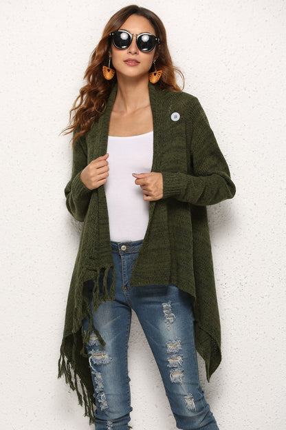 One-Button Tassel Tie Asymmetrical Hem Cardigan-Angel Casuals