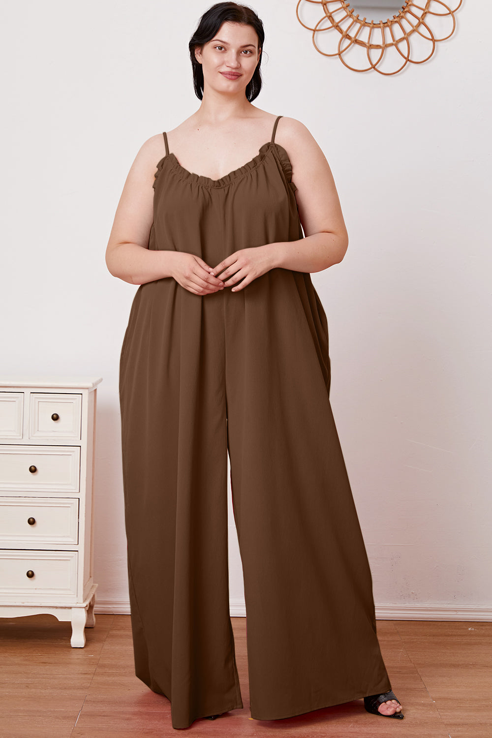 Double Take Full Size Ruffle Trim Tie Back Cami Jumpsuit with Pockets-Angel Casuals