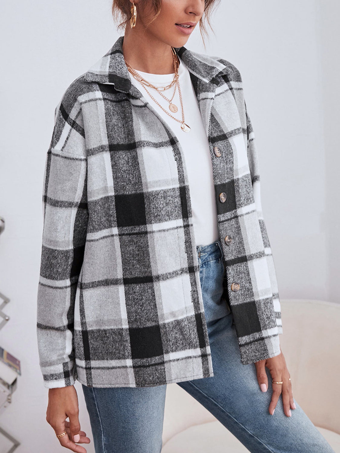 Plaid Collared Neck Button Down Jacket-Angel Casuals