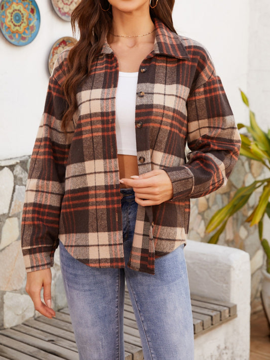 Plaid Button Up Long Sleeve Jacket-Angel Casuals