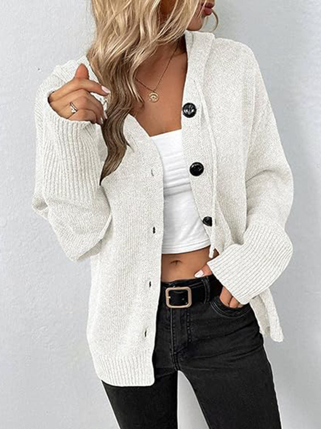 Button Up Drawstring Long Sleeve Hooded Cardigan-Angel Casuals