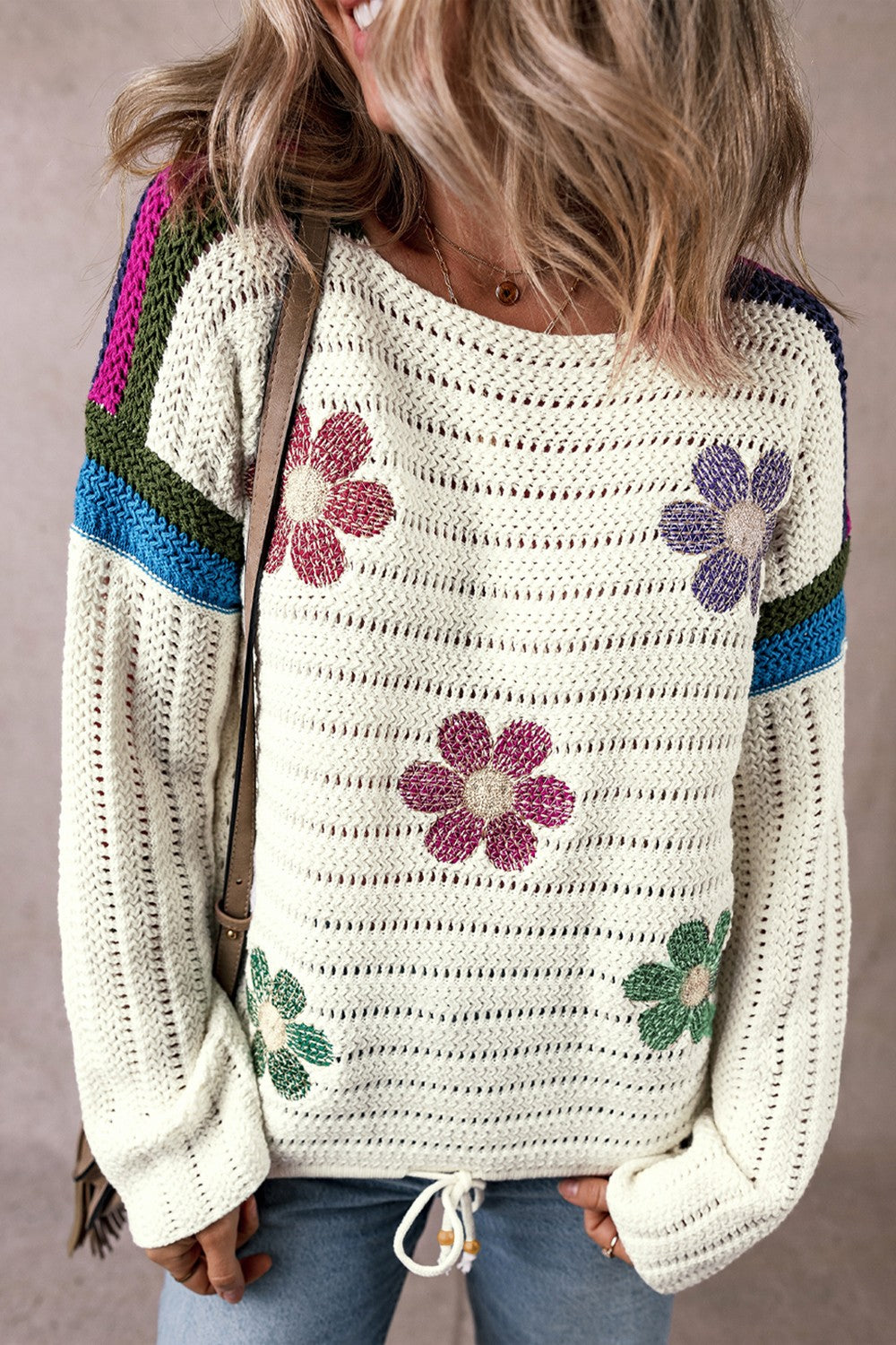 Flower Round Neck Long Sleeve Sweater-Angel Casuals
