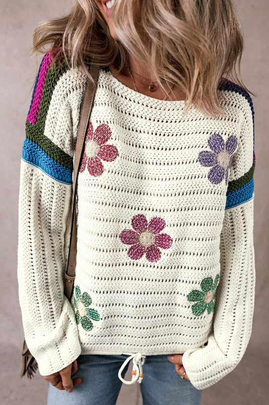 Flower Round Neck Long Sleeve Sweater-Angel Casuals