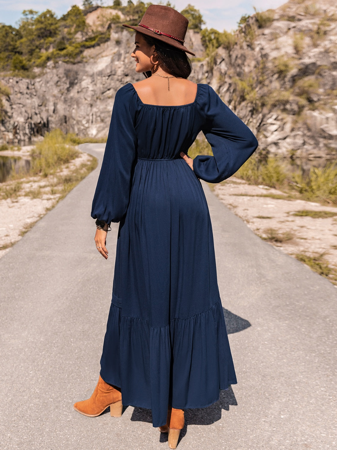 Long Sleeve Lace Trim Maxi Dress-Angel Casuals